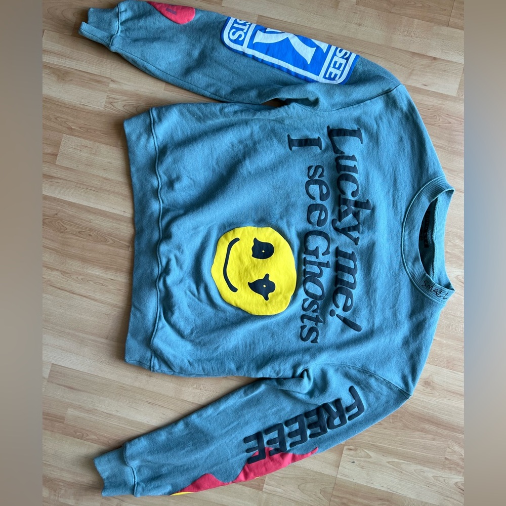 kids see ghosts streetwear brand printed teal crew neck long sleeve sweater